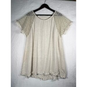 Womens Linen Cotton Blend Lace Crochet Sleeve Fringed Tunic Top Beige L